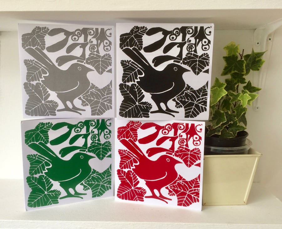 Sq Bird & Mistletoe Cards Mixed Pk of 4