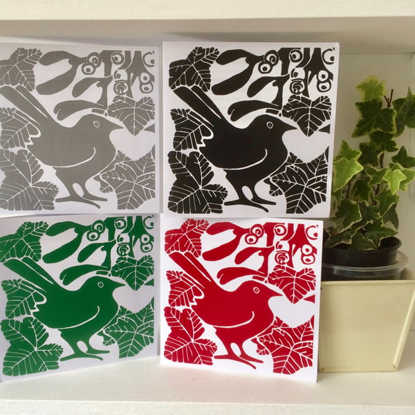 Sq Bird & Mistletoe Cards Mixed Pk of 4