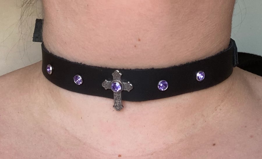 Gothic Fantasy Black Leather Choker - Catholic Cross with Purple Gemstones 
