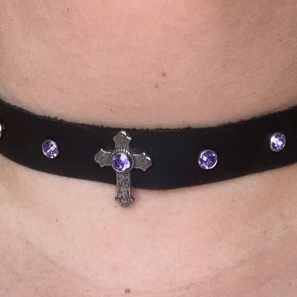 Gothic Fantasy Black Leather Choker - Catholic Cross with Purple Gemstones 