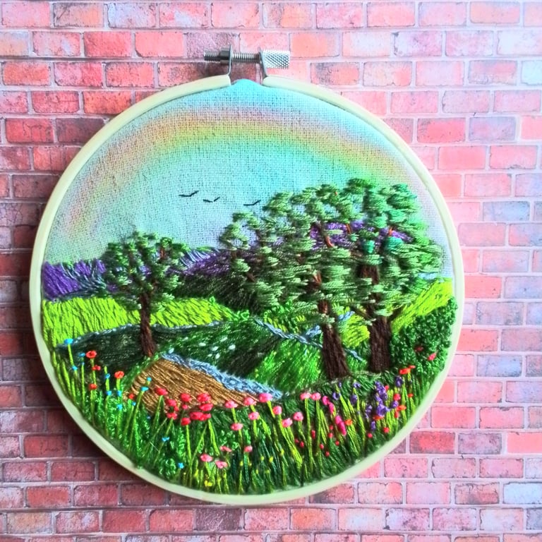 Rainbow landscape embroidery hoop art