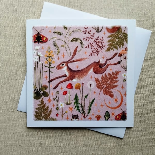 Leaping Hare Fabric Greeting Card