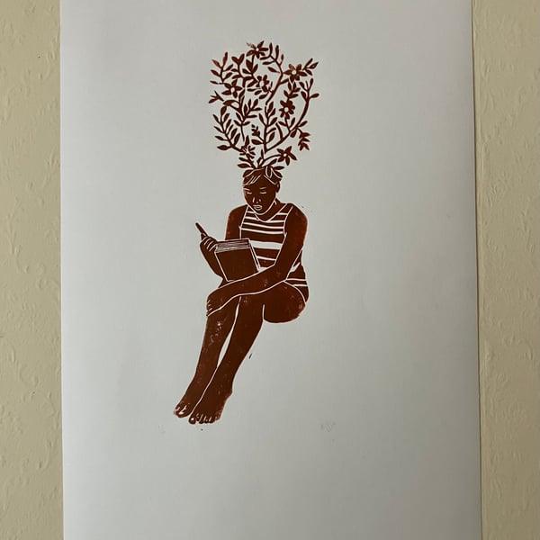 Philomath (Burnt Sienna), linocut print on paper