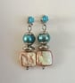 Blue oval & golden square cultured pearl, dangle earrings, cubic zirconia stud - Image 7