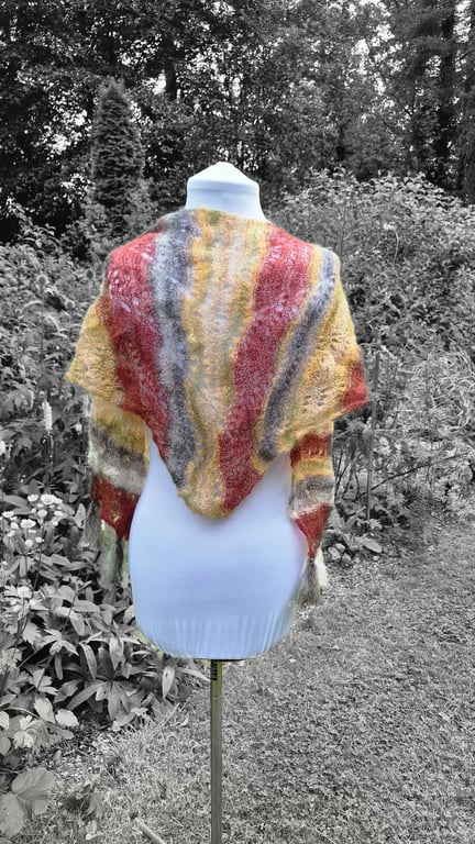 43.Stripey Hand Knitted lacey Shawl in Metallic Shades  with Added Tassels.