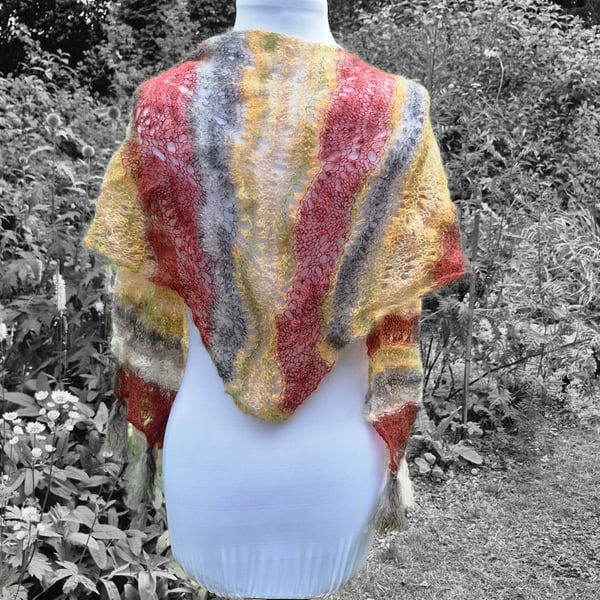 43.Stripey Hand Knitted lacey Shawl in Metallic Shades  with Added Tassels.