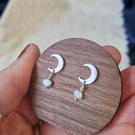 Silver stud crescent moon earrings Freshwater pearl detail Perfectly imperfect