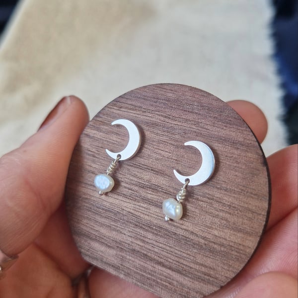 Silver stud crescent moon earrings Freshwater pearl detail Perfectly imperfect