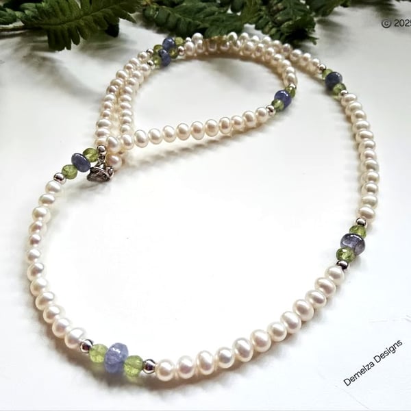 Designer Tanzanite, Peridot Quality Freshwater Pearl Sterling Silver Necklace