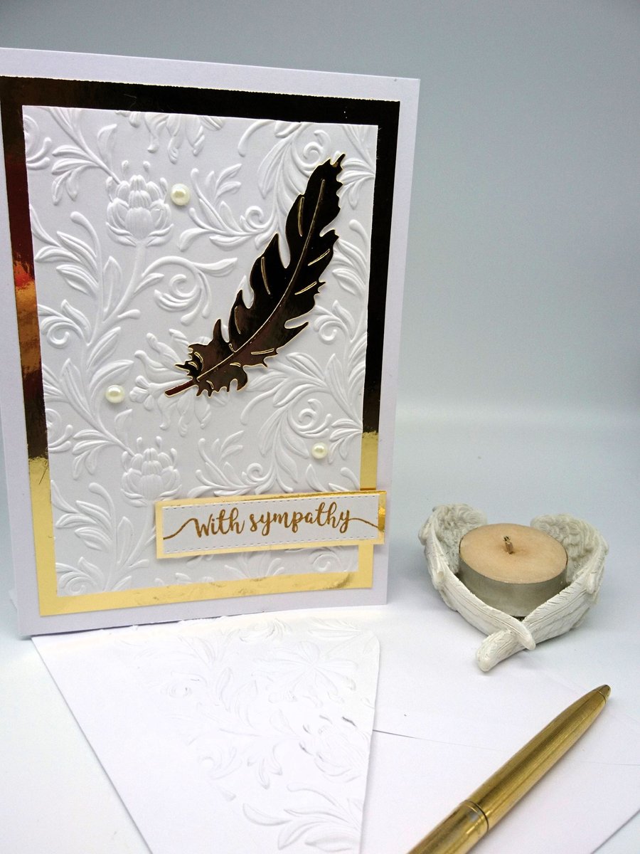 Sympathy Card in Divine White and Gold with Angel Feather and Pearls for tears.