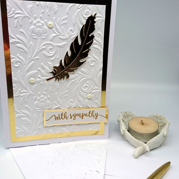Sympathy Card in Divine White and Gold with Angel Feather and Pearls for tears.