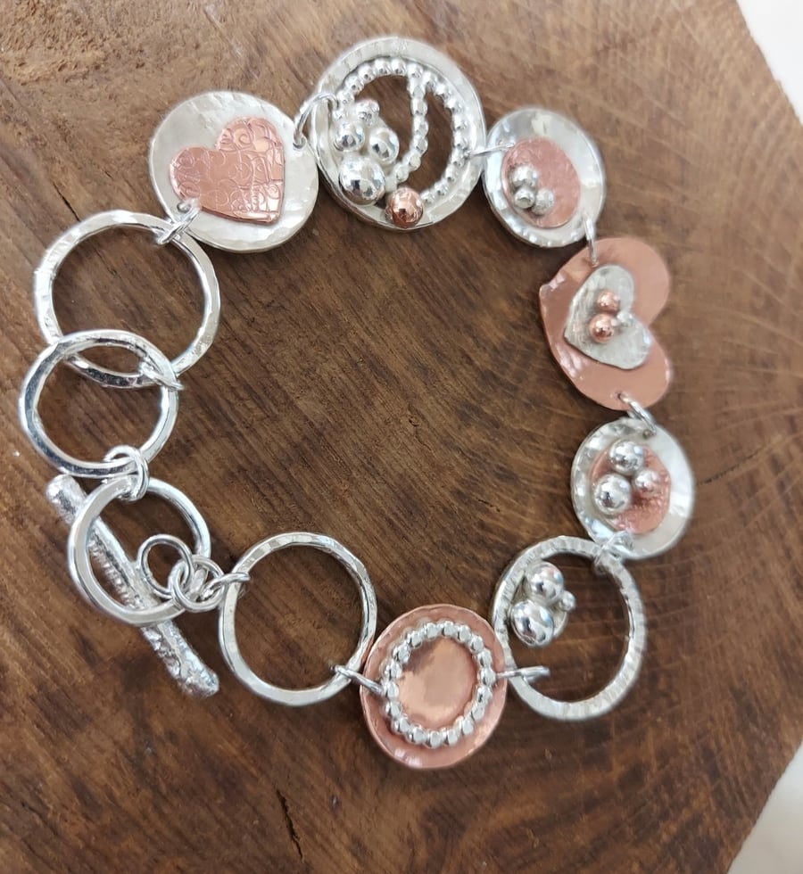 Stunning Bespoke Silver and Copper Hearts and Bobble Bracelet 