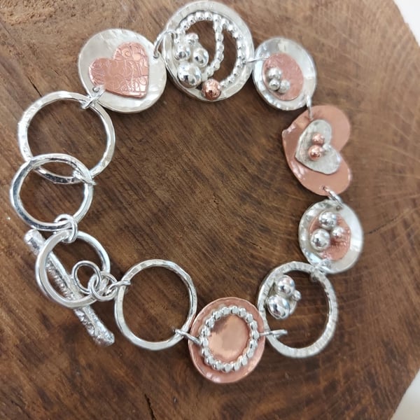 Stunning Bespoke Silver and Copper Hearts and Bobble Bracelet 