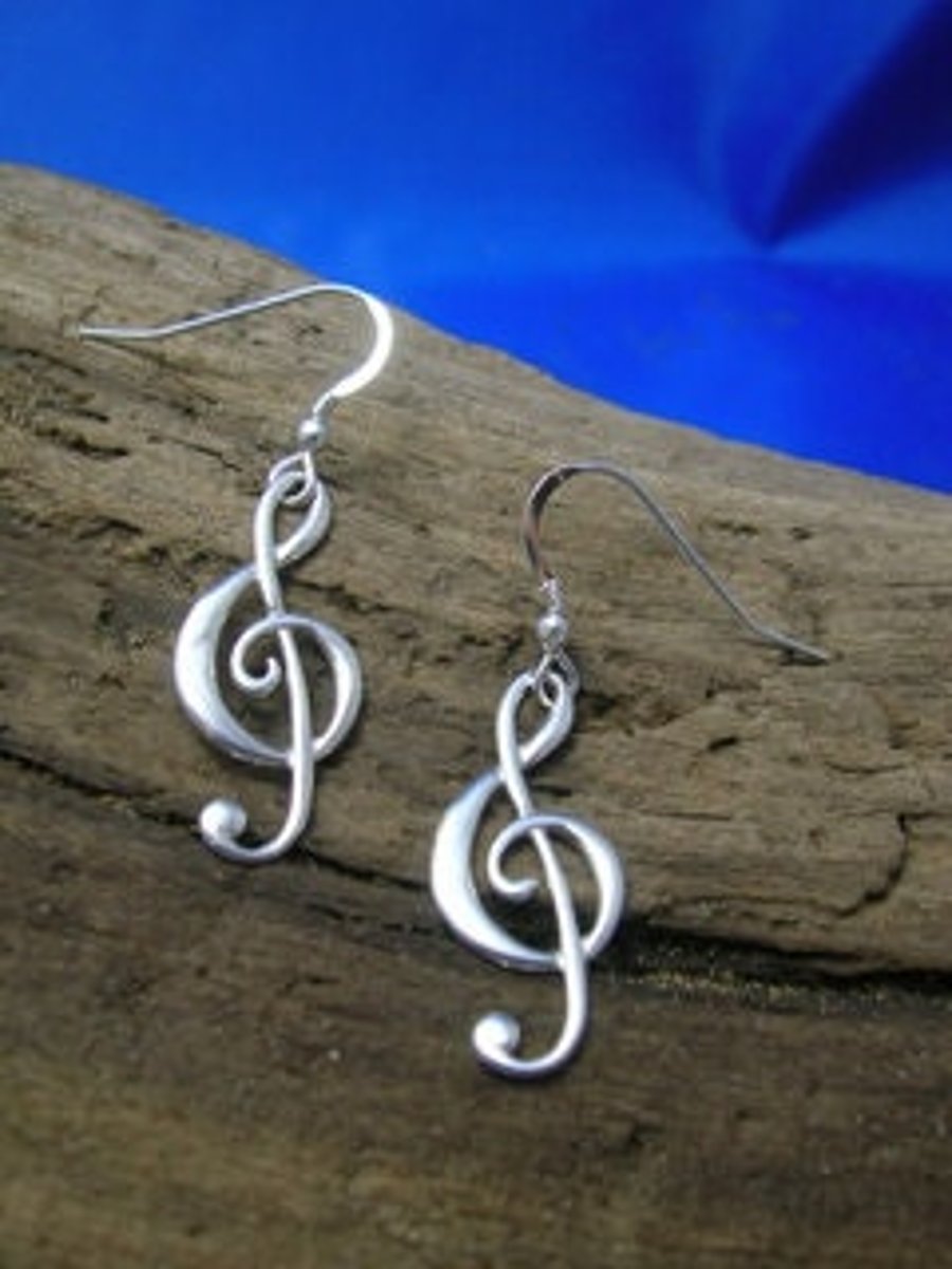 Silver Treble Clef Earrings, Music Jewellery, Handmade Treble clef hooks, Sterli