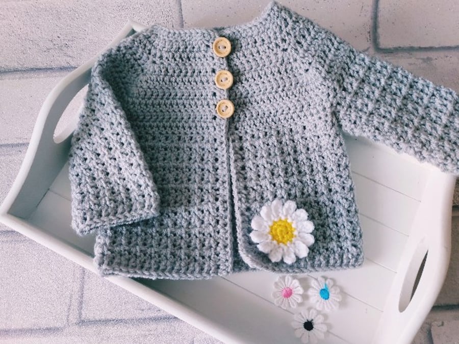 0-3 Months Silver Daisy Crochet Cardigan, Ready To Post