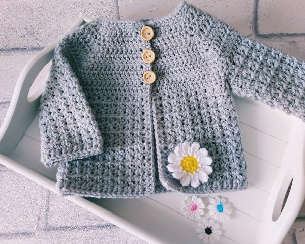 0-3 Months Silver Daisy Crochet Cardigan, Ready To Post