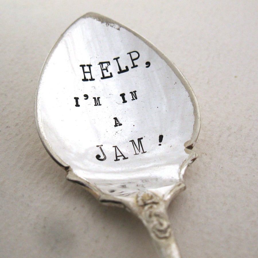 Handstamped Vintage Jam Spoon, Help I'm In A Jam