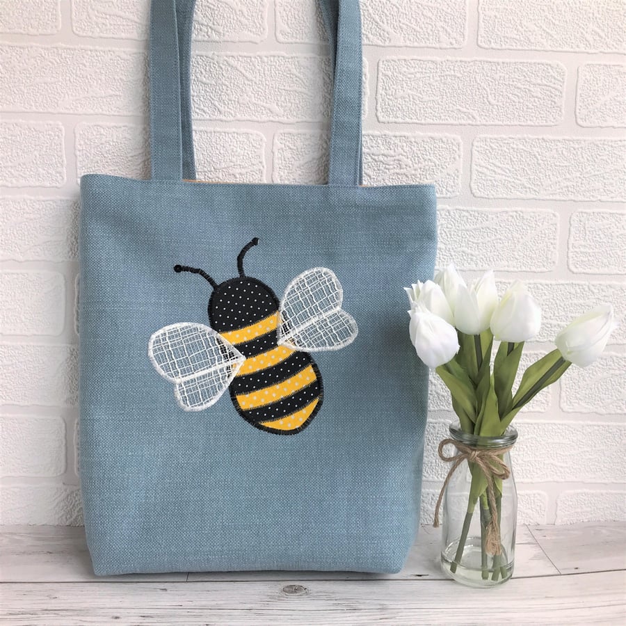 Bumble Bee tote bag in blue with applique polka dot Bumble bee