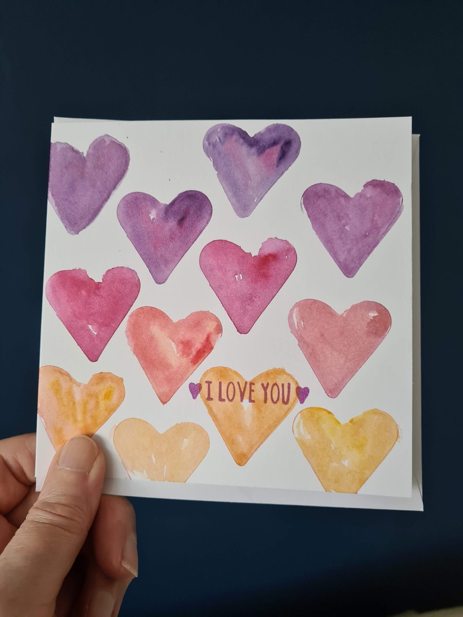 Watercolour purple pink heart anniversary valentine's card handpainted