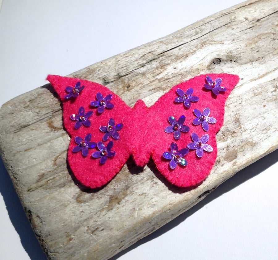 Pink Butterfly Felt Brooch - UK Free Post