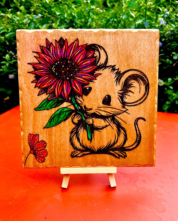 Baby mouse with flower bespoke wooden plaque 