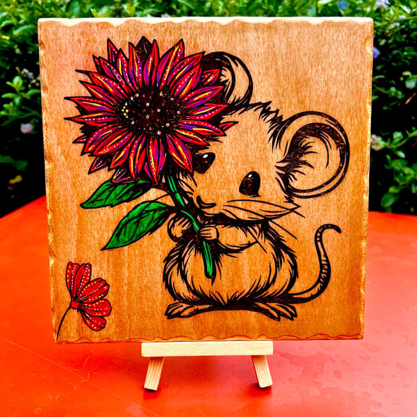 Baby mouse with flower bespoke wooden plaque 