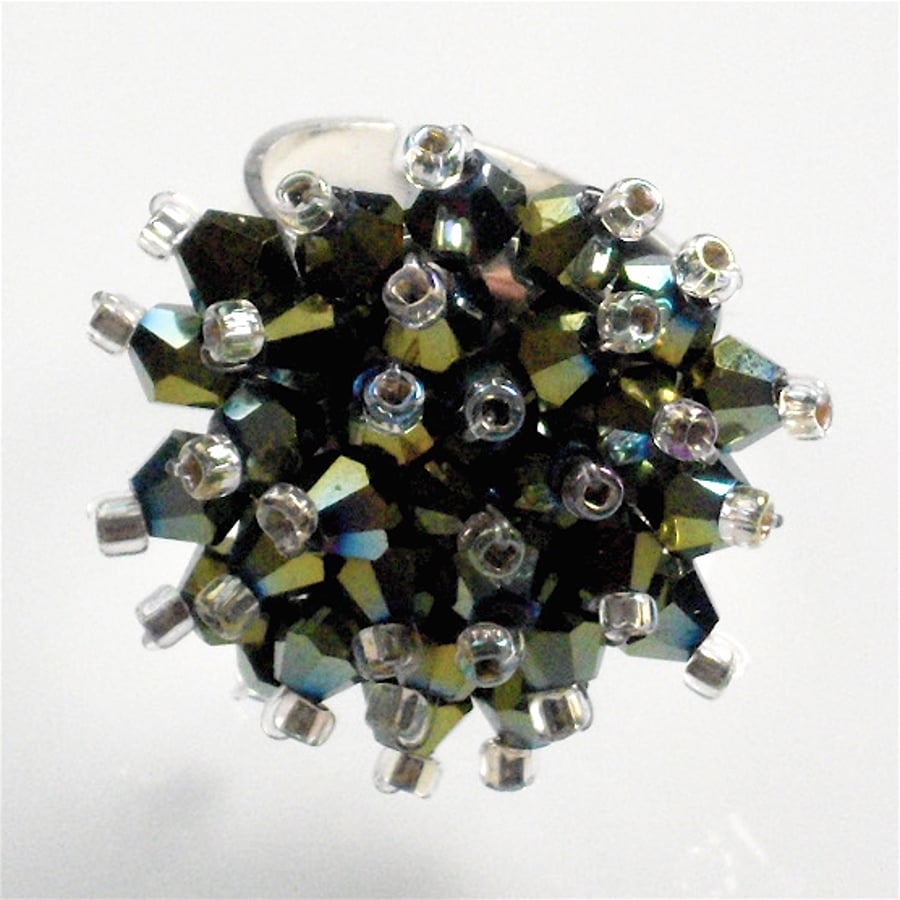 Metallic Green Iris Crystal Bead Bling Ring - UK Free Post