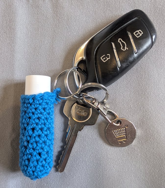 Crochet lip balm holder keychain, bag charm, handmade, keyring accessory - blue