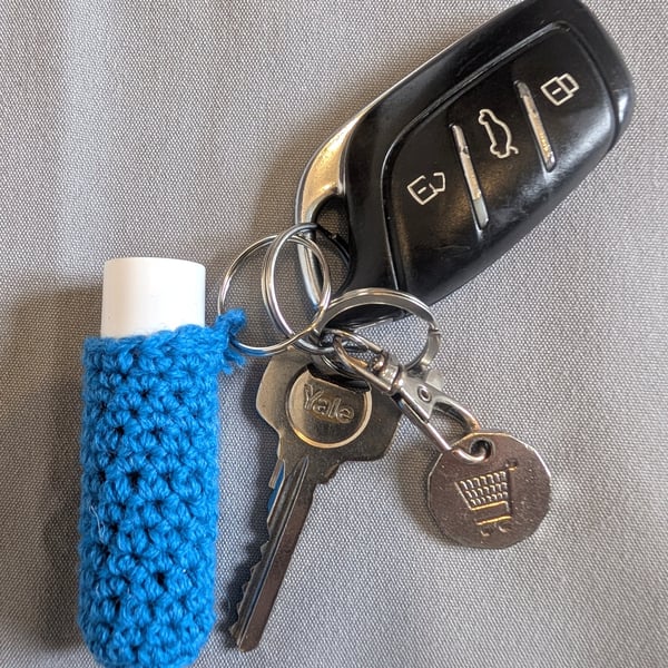 Crochet lip balm holder keychain, bag charm, handmade, keyring accessory - blue