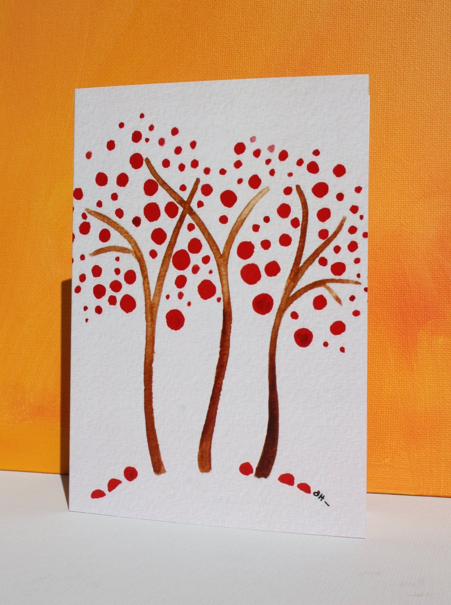 RED TREE GREETINGS CARD-a watercolour blossom tree BLANK FOR YOUR OWN MESSAGE