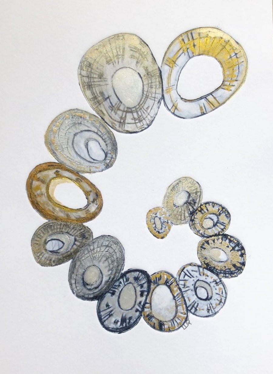 Original drypoint and mixed media limpet sea shell spiral coastal mini picture