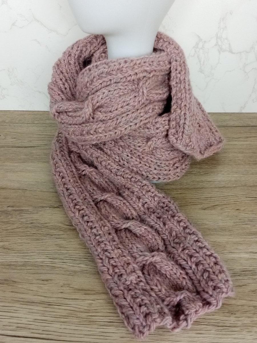 Cable Knit Wrap-around Scarf 100% pure Peruvian Highland Wool, Pink Scarf, Gift