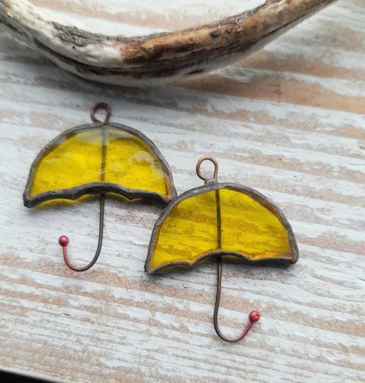 Handmade Yellow Stained Glass Umbrella Charm Pair