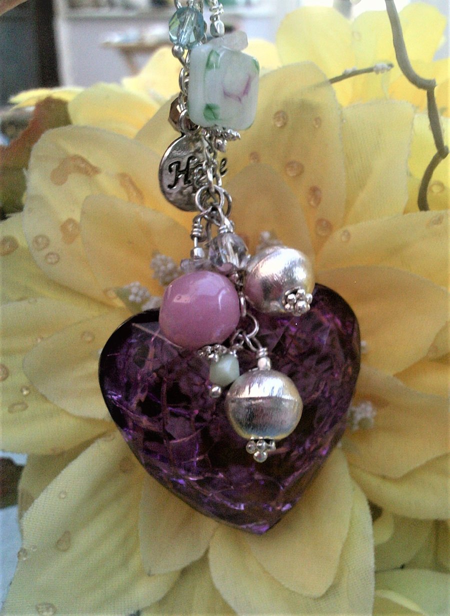 Purple Heart Glass Charm Key Bag Charm, Lavender Glass Key Ring