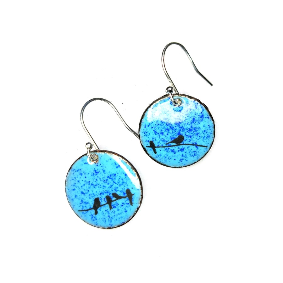 Blue enamel bird drop earrings - round
