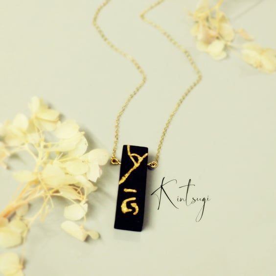 Kintsugi Necklace With Chinese Heart Symbol Bog Oak Wood, Gold, Silver, Copper  
