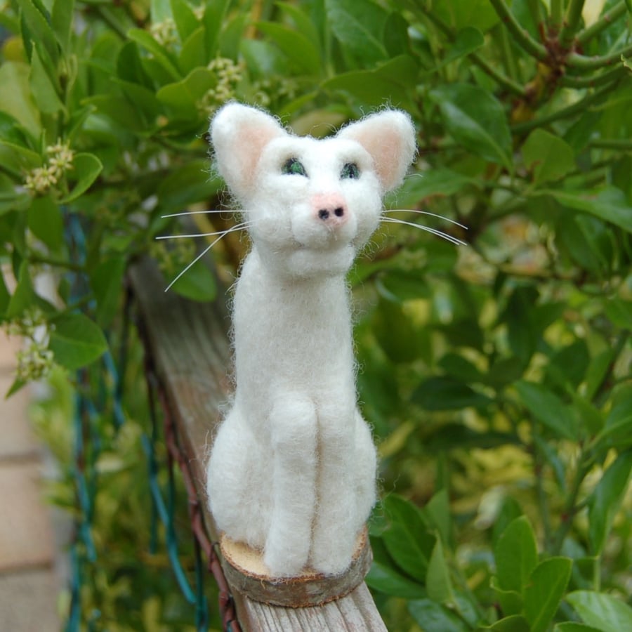 Needle felt White cat, collectable animal sculpture, ornament or decoration