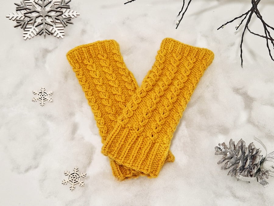 Mustard Yellow Cable Knit Fingerless Gloves