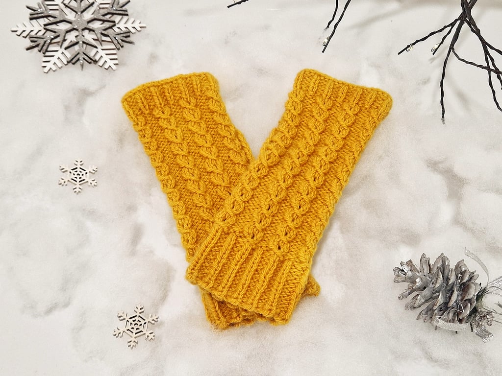 Mustard Yellow Cable Knit Fingerless Gloves