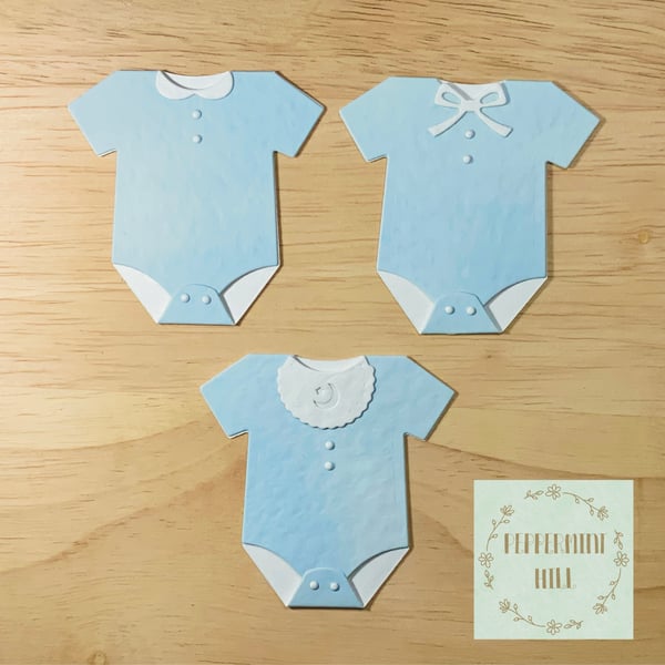 Die cut baby vests for card making,  baby shower invitations, blue, pack of 3