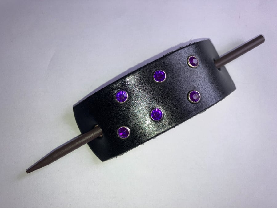 Dyed Black Leather Hair Stick Barrette - 6 Purple Gemstones