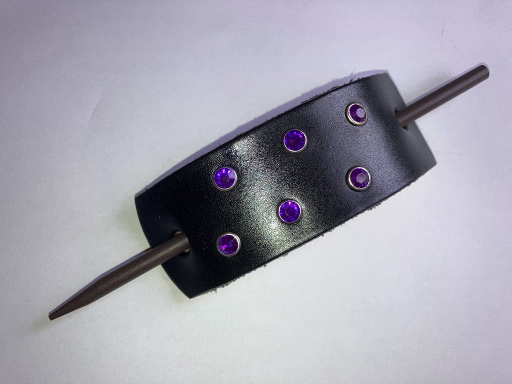 Dyed Black Leather Hair Stick Barrette - 6 Purple Gemstones