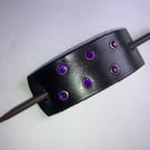 Dyed Black Leather Hair Stick Barrette - 6 Purple Gemstones