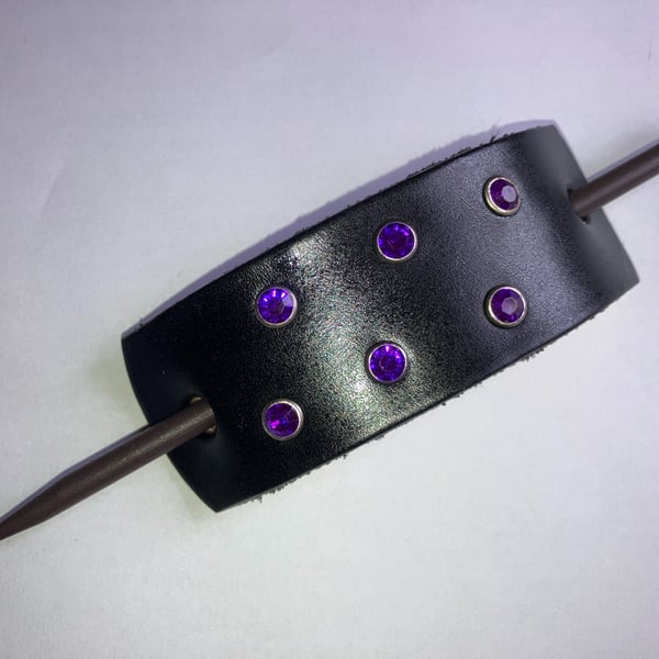Dyed Black Leather Hair Stick Barrette - 6 Purple Gemstones