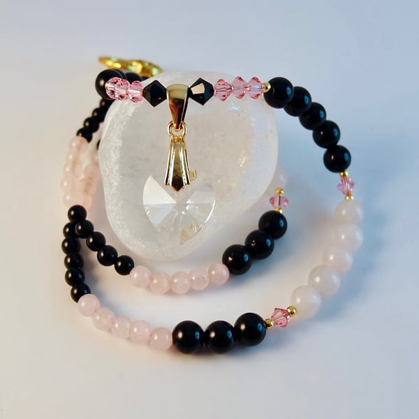 Onyx & Rose Quartz Necklace With Swarovski Heart & Crystals - Handmade In Devon