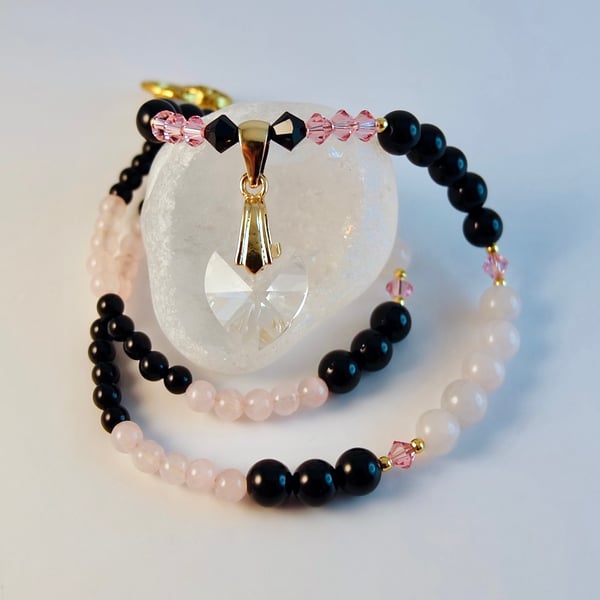 Onyx Rose Quartz Necklace With Swarovski Folksy