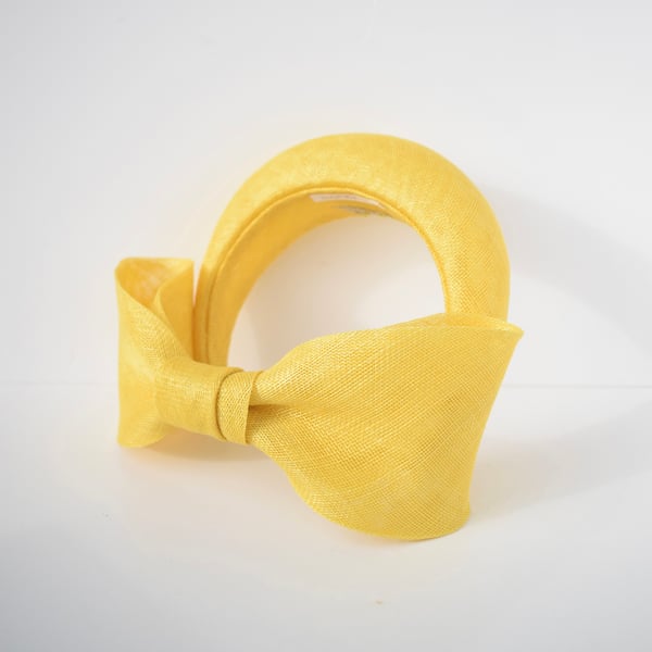 Yellow Fascinator Headband with Bow for Weddings, Ascot, Race Day, Occasions