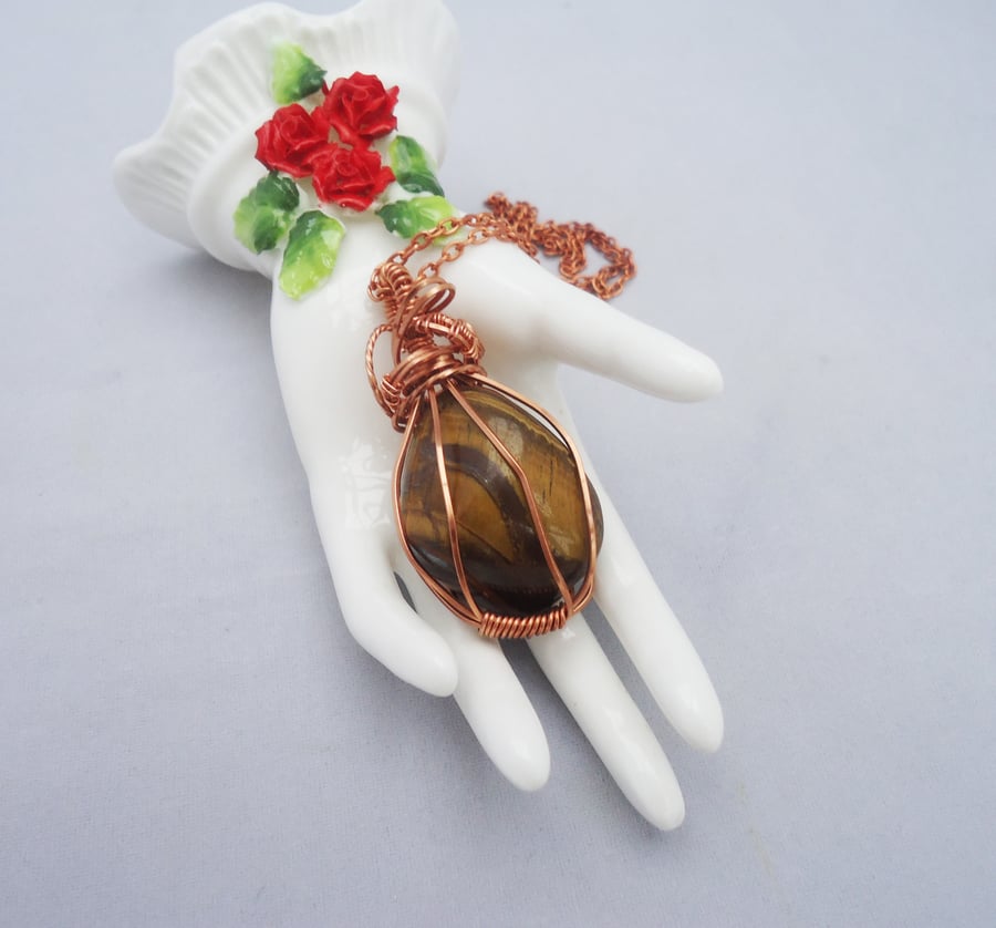 Wire Wrapped Tigers Eye Pendant, Tigers Eye Stone in Copper