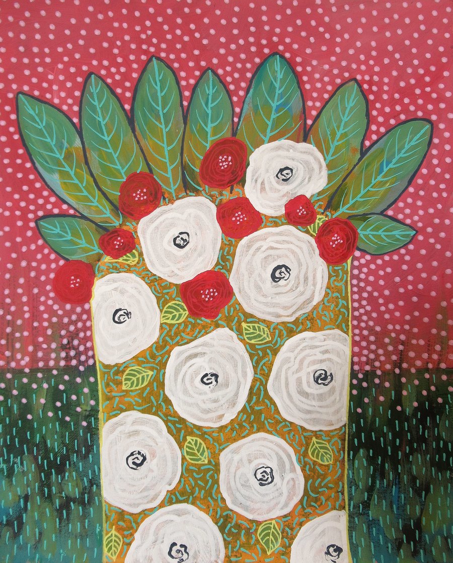 Botanical Artwork Abstract Still Life Vase With Leaves And Flowers Painting