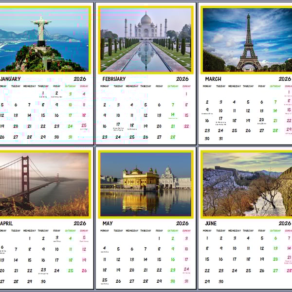 2026 A4 Calendar World Landmarks Buildings Statues 